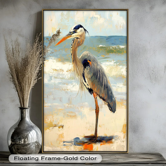Foreground shadows anchor this coastal heron modern oil painting, contrasting with the luminous oil painting reproduction print of the serene ocean scene.