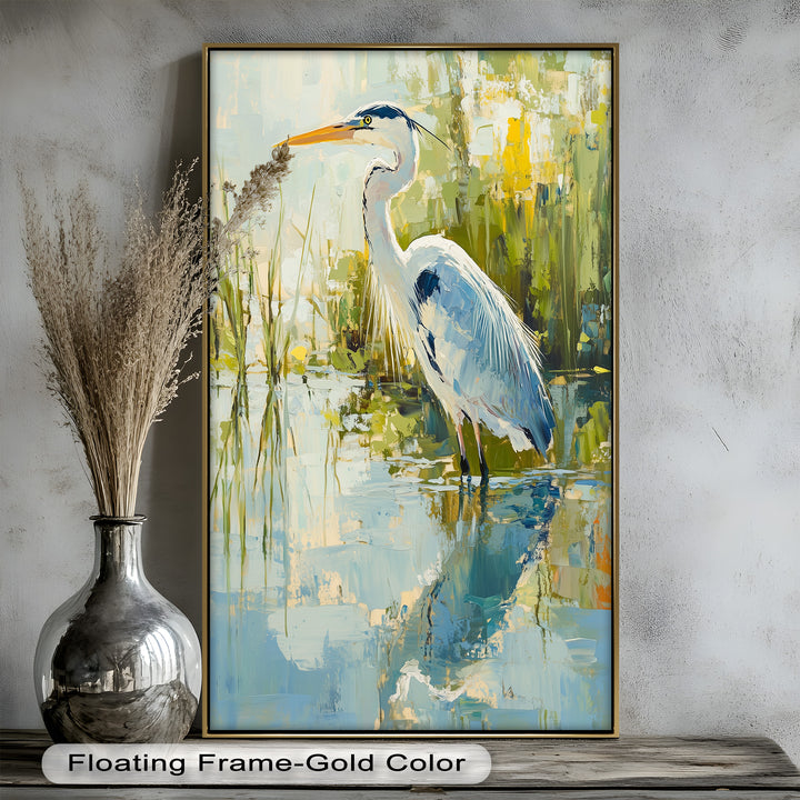 Heron Amid Textured Reflections - Animal Oil Painting