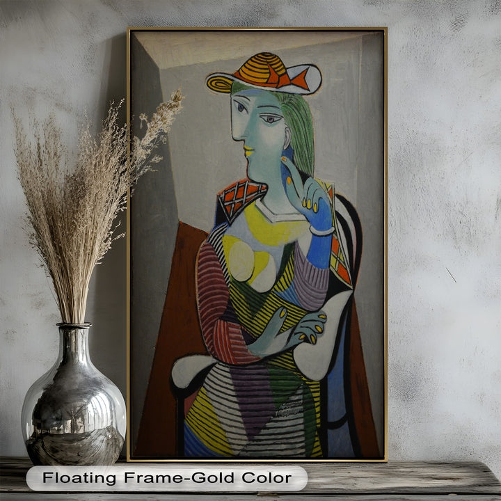 Striped Thoughts – Colorful Woman in Hat Picasso Oil Painting