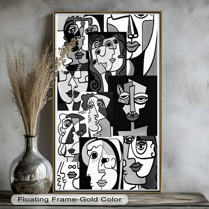 Monochrome Whispers – Collage of Cubist Faces Abstract Oil Painting