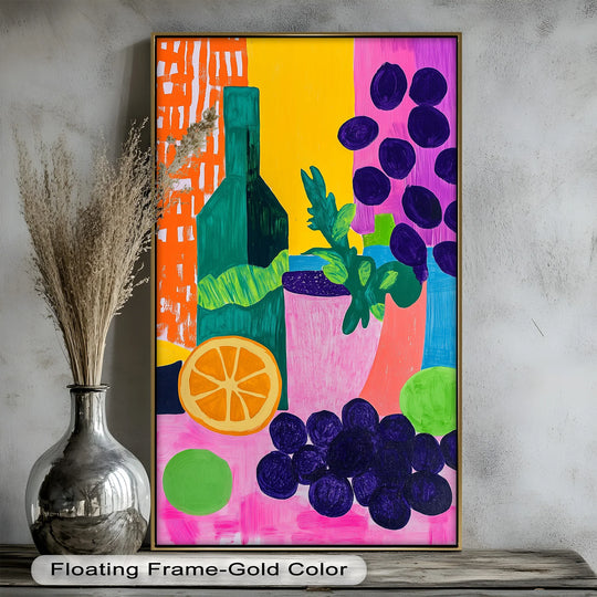 Color transitions highlight the bold fruit harmony of this Fauvist still life oil painting artwork, where hues dynamically shift to create an energizing visual expression.