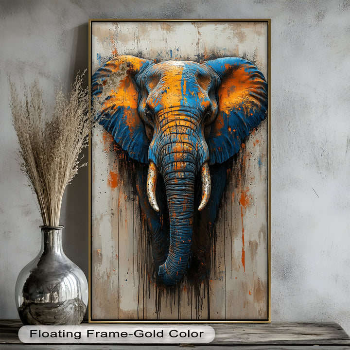 Blue and Orange Elephant Portrait - Animal Oil Painting