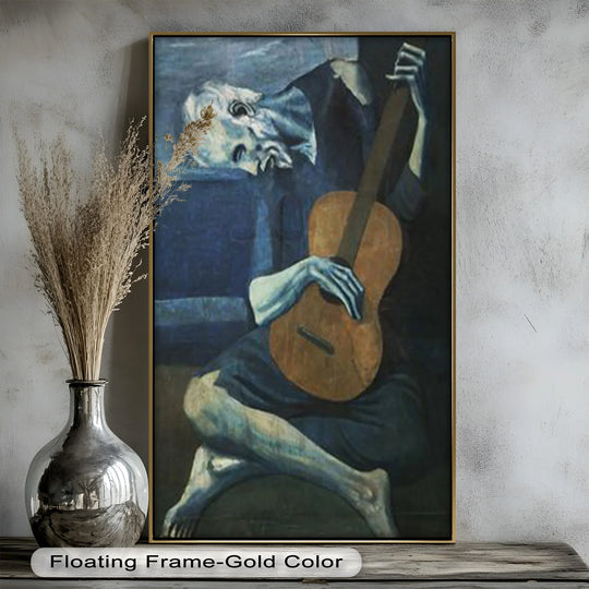 The realistic detail showcases the somber emotion and masterful brushwork in this The Old Guitarist oil painting art prints, a melancholic piece rendered in varying shades of blue.