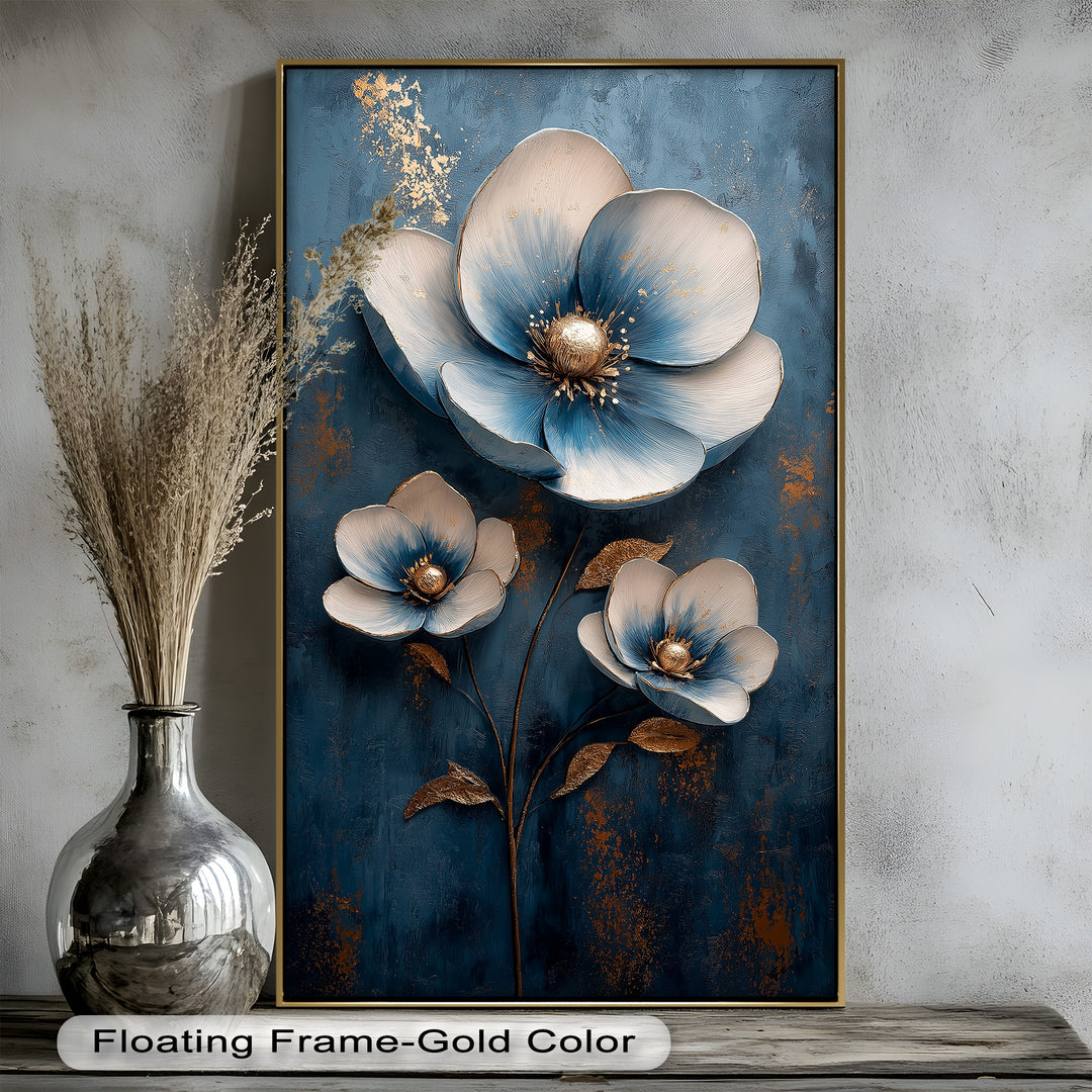 Deep Blue and Metallic Floral Elegance - Flower Oil Painting