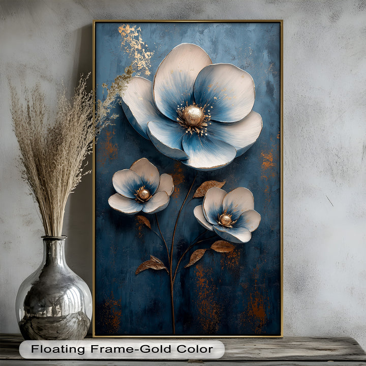 Deep Blue and Metallic Floral Elegance - Flower Oil Painting