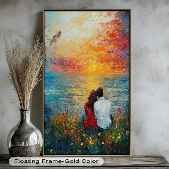 Orange dominates this modern oil painting art, featuring a romantic couple by the sea gazing at a vibrant, textured sunset.