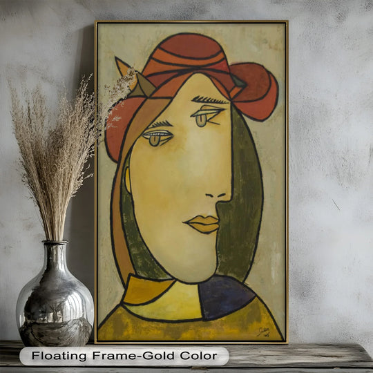 Dramatic color contrast enhances this oil painting wall art, accentuating the subject's face and red hat in a muted elegance and Picasso-style abstract.