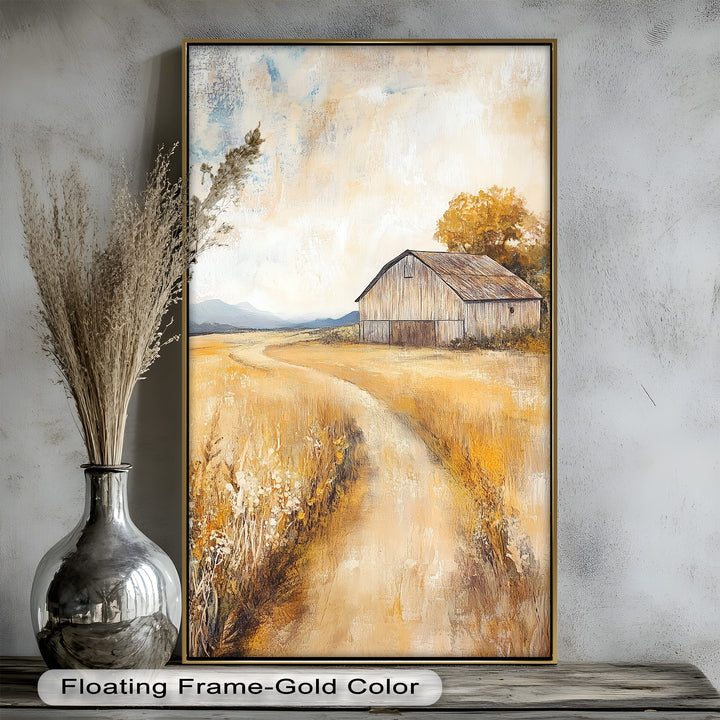 The subtle details of wildflowers, harvest hues, and distant mountains create a serene and inviting landscape.