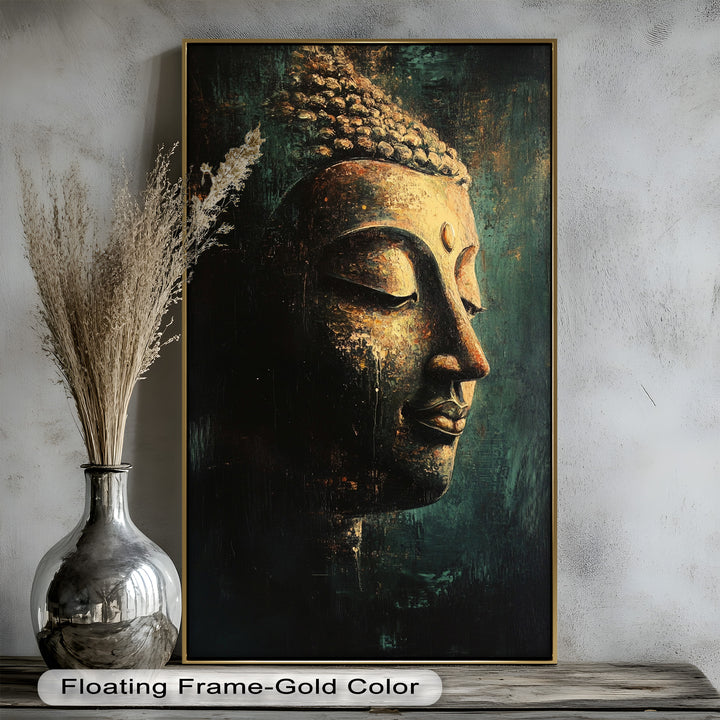 An elegant depiction of Buddha’s profile emerging from a dark, abstract background, symbolizing peace and enlightenment.