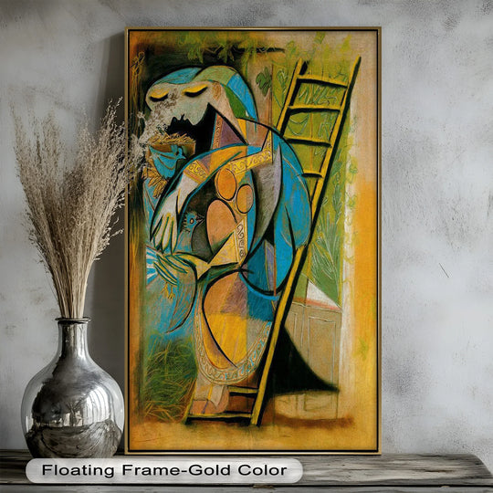 The darkest area accentuates the shadowed form of the nurturing figure in this symbolic cubist oil painting reproduction print, highlighting the nest and ladder details.