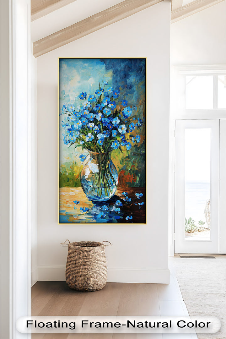 A bright floral composition with vivid blue blooms in a round glass vase, painted in dynamic strokes of green, yellow, and blue.
