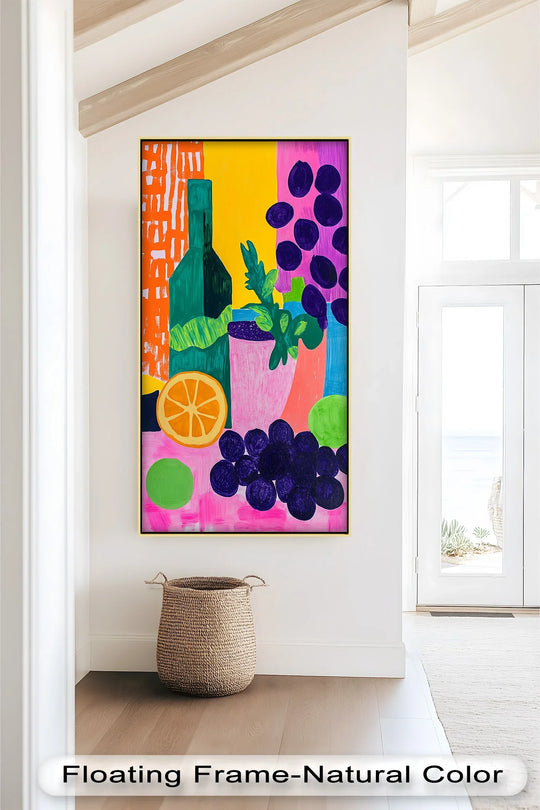 Bold color blocks and overlapping shapes establish a vibrant visual rhythm in this Fauvist still life oil painting decoration featuring fruit and a green bottle.