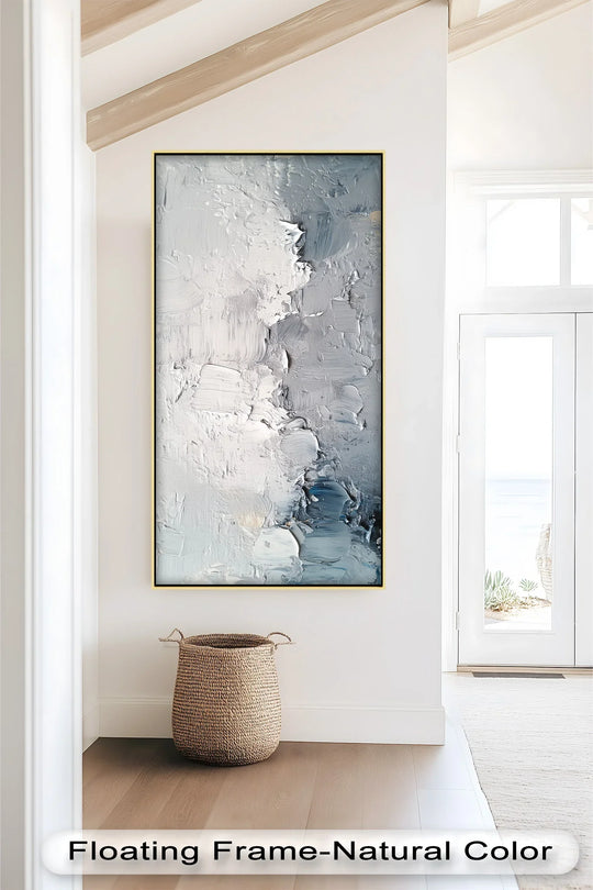 At the focal point of this iced tides abstract oil painting artwork, white and gray brushstrokes create a modern, monochrome flow.