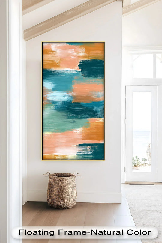 High color saturation brings the vibrant teal, coral, and ochre hues to life in this abstract oil painting reproduction print, offering a captivating visual experience.