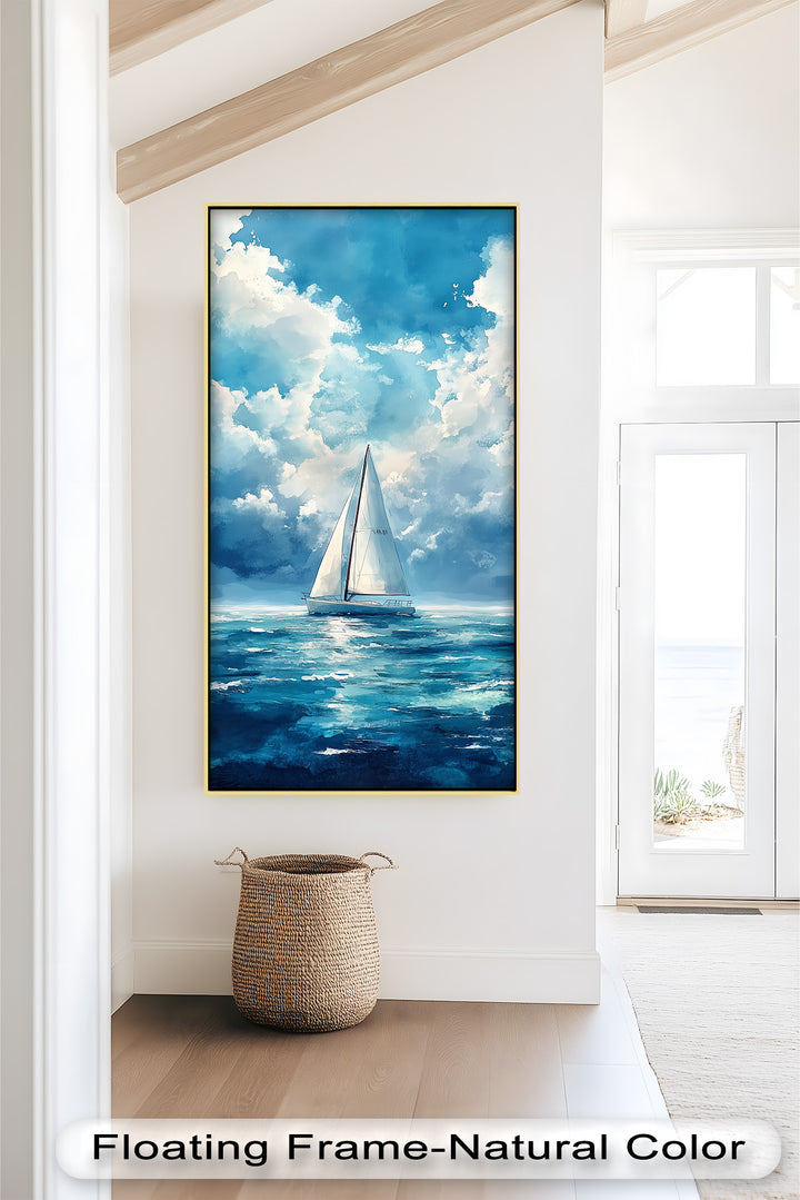 White Sailboat Blue Skies - Modern Oil Painting