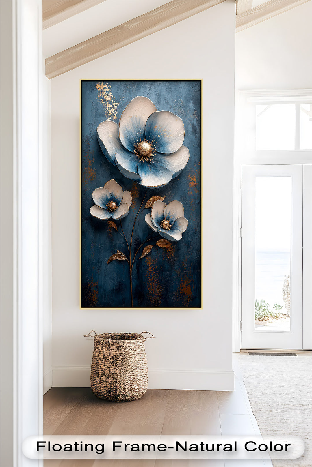 Deep Blue and Metallic Floral Elegance - Flower Oil Painting