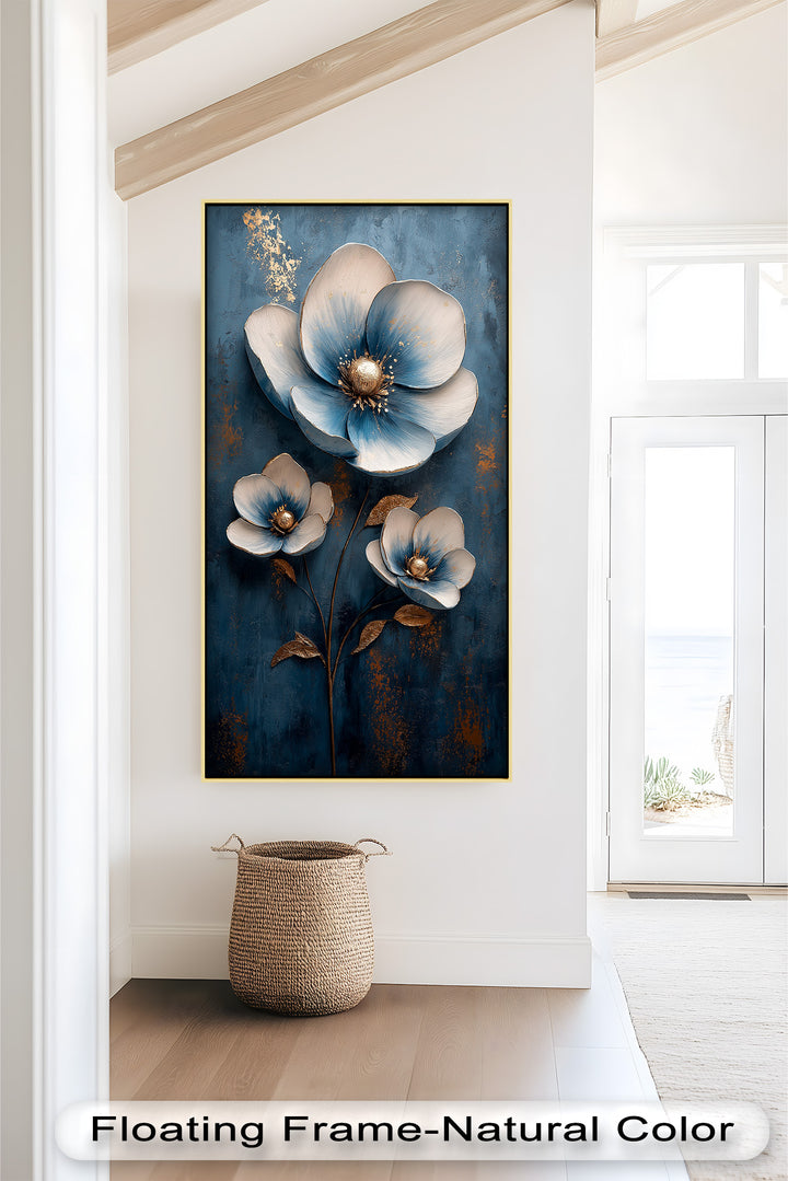 Deep Blue and Metallic Floral Elegance - Flower Oil Painting