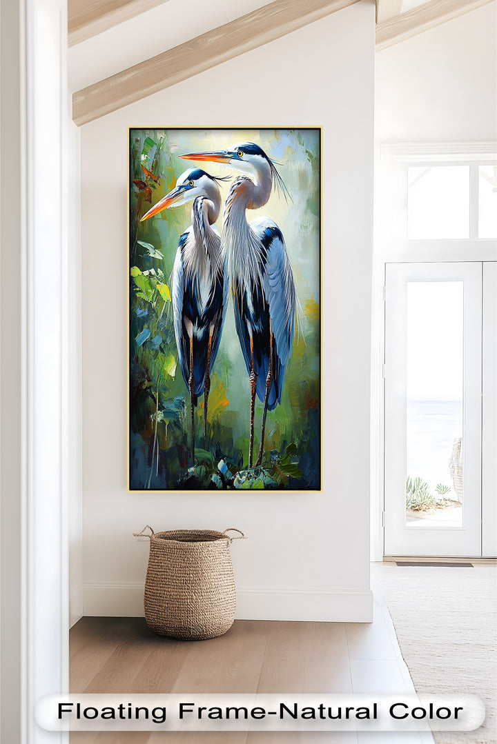 Two Herons Among Verdant Shadows - Animal Oil Painting