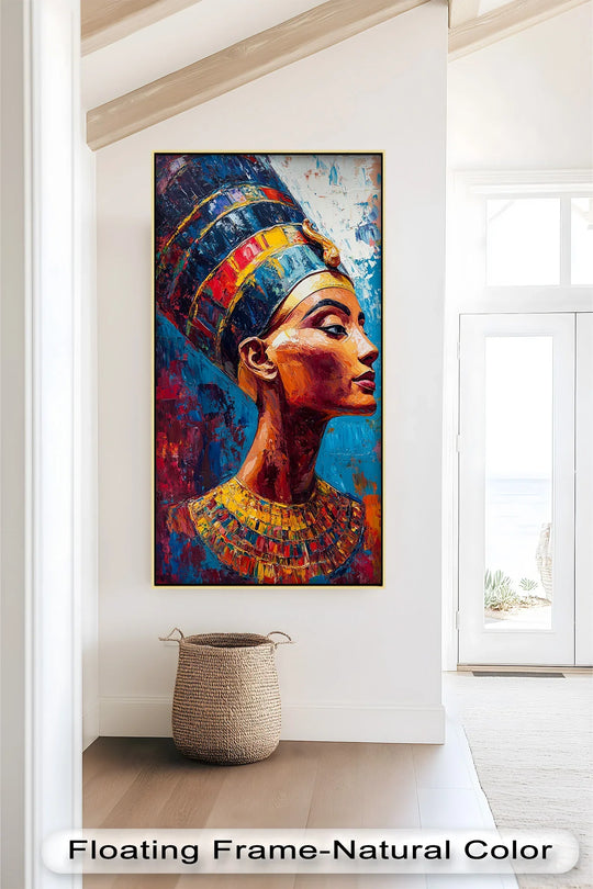 Focusing on the darkest area, this striking Queen of the Nile oil painting home decor features an ancient Egyptian portrait with bold, vivid colors and textured strokes.