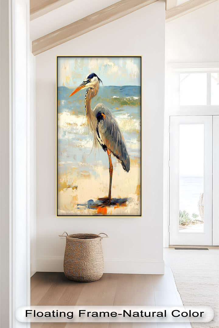 Coastal Heron with Ocean Breeze - Modern Oil Painting