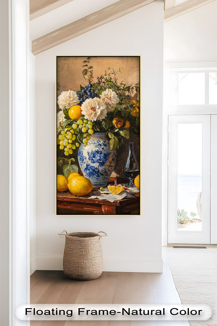 A bold and colorful impressionist-style depiction of blue flowers in a glass vase, with scattered petals creating a natural touch.