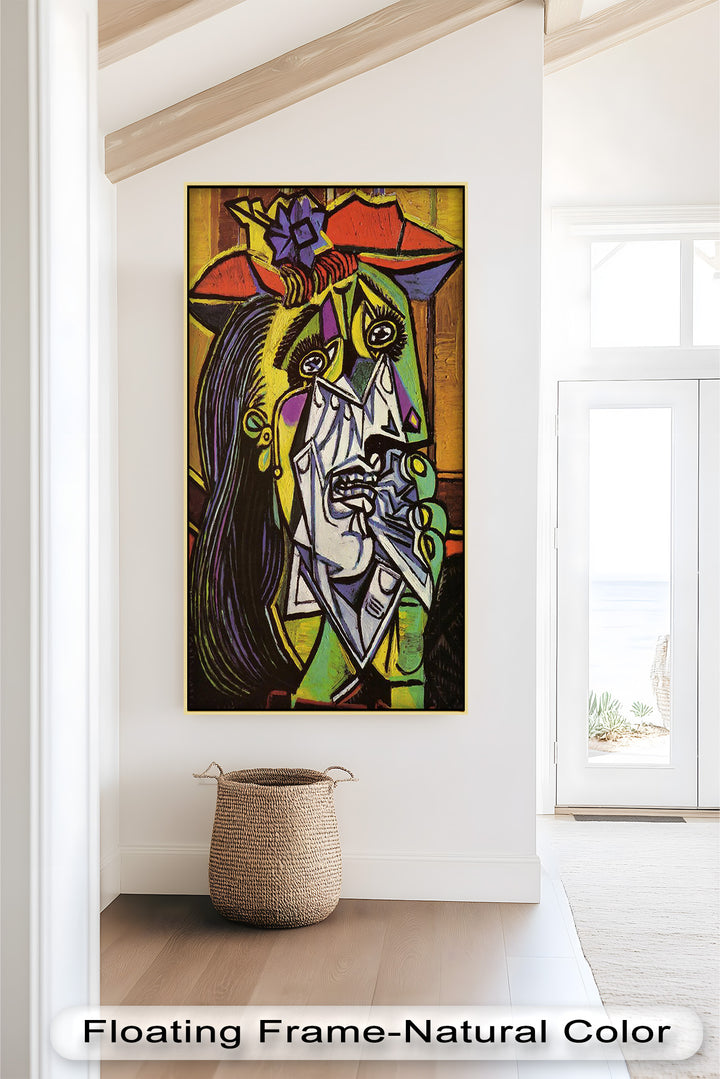 A bold, emotionally charged artwork combining cubism and surrealism to portray grief and vulnerability in striking visual form.