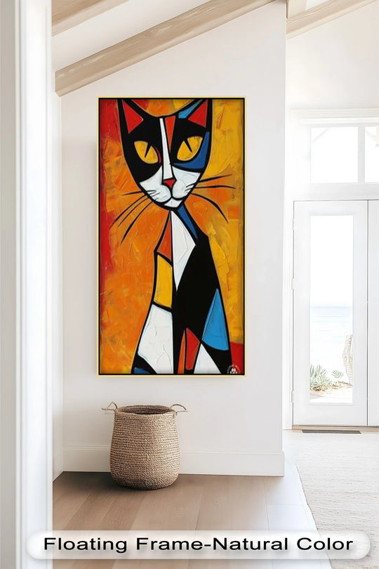 In the foreground, a woven basket sits beneath a vibrant geometric feline, a modern oil painting art piece in an abstract Picasso style.