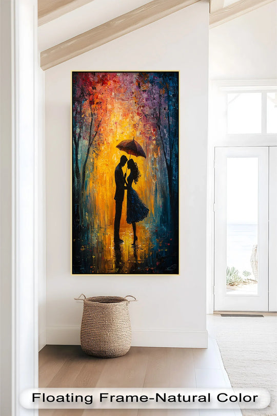 Visual rhythm is created in this 'Under the Glow' oil painting decoration with a couple under an umbrella, expressed through brushstrokes and contrasting shades.