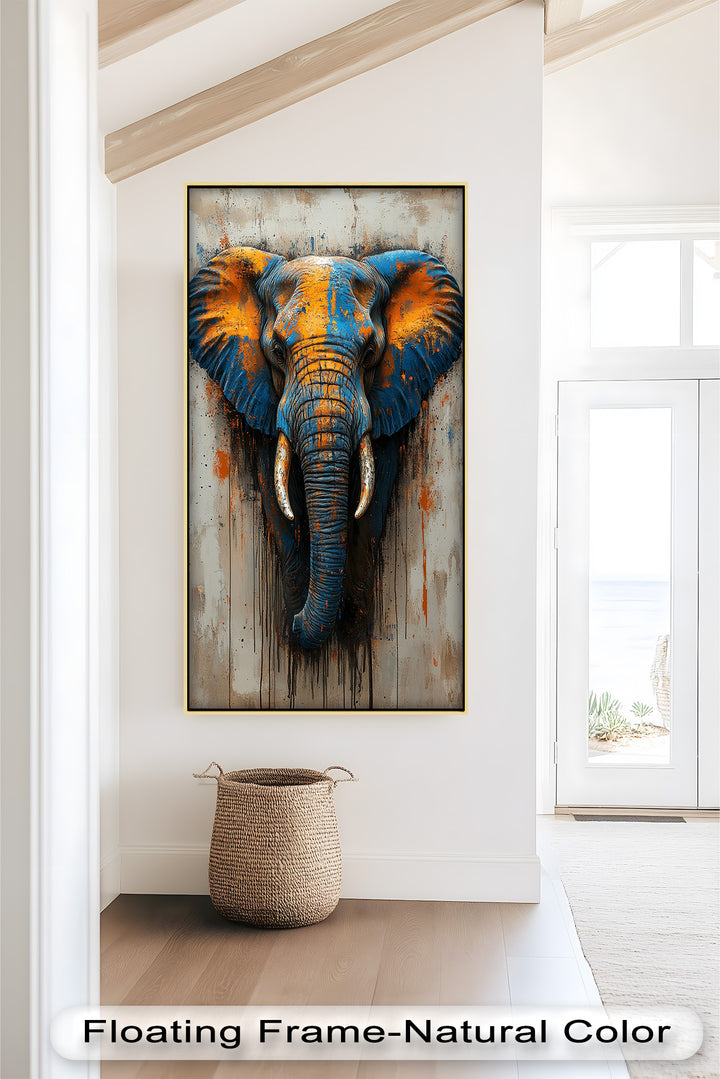 Blue and Orange Elephant Portrait - Animal Oil Painting