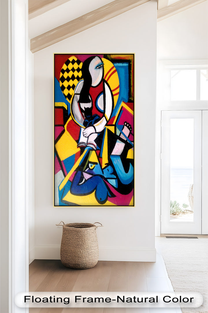 A colorful and expressive abstract scene blending human and animal figures within a fragmented, geometric environment.