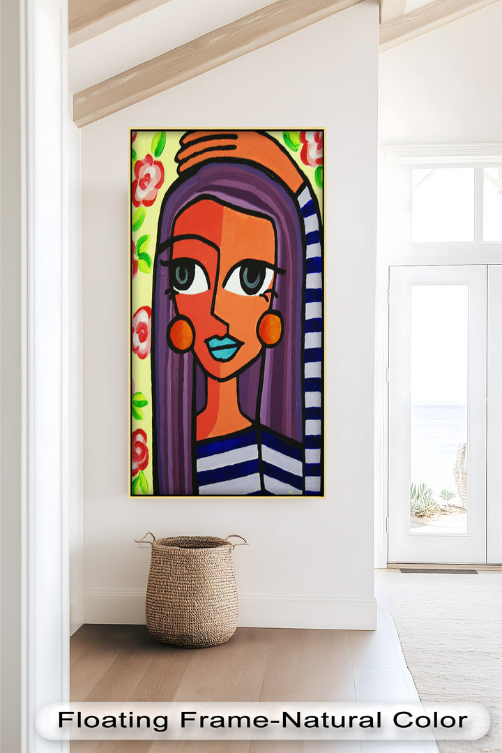 Striped Muse – Vibrant Woman with Flowers Picasso Oil Painting