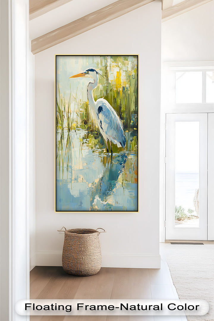 Heron Amid Textured Reflections - Animal Oil Painting