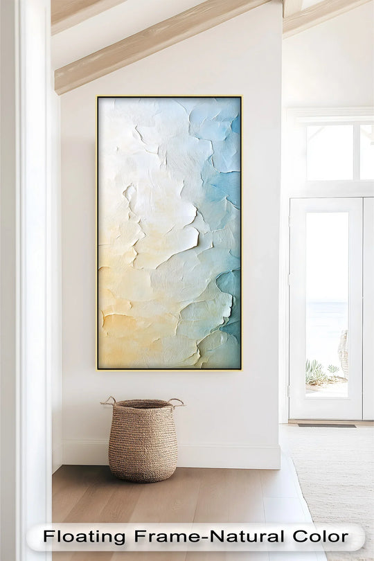 Rough surface texture details in this Windswept Calm abstract oil painting artwork highlight the nuanced transition between yellow and blue hues.