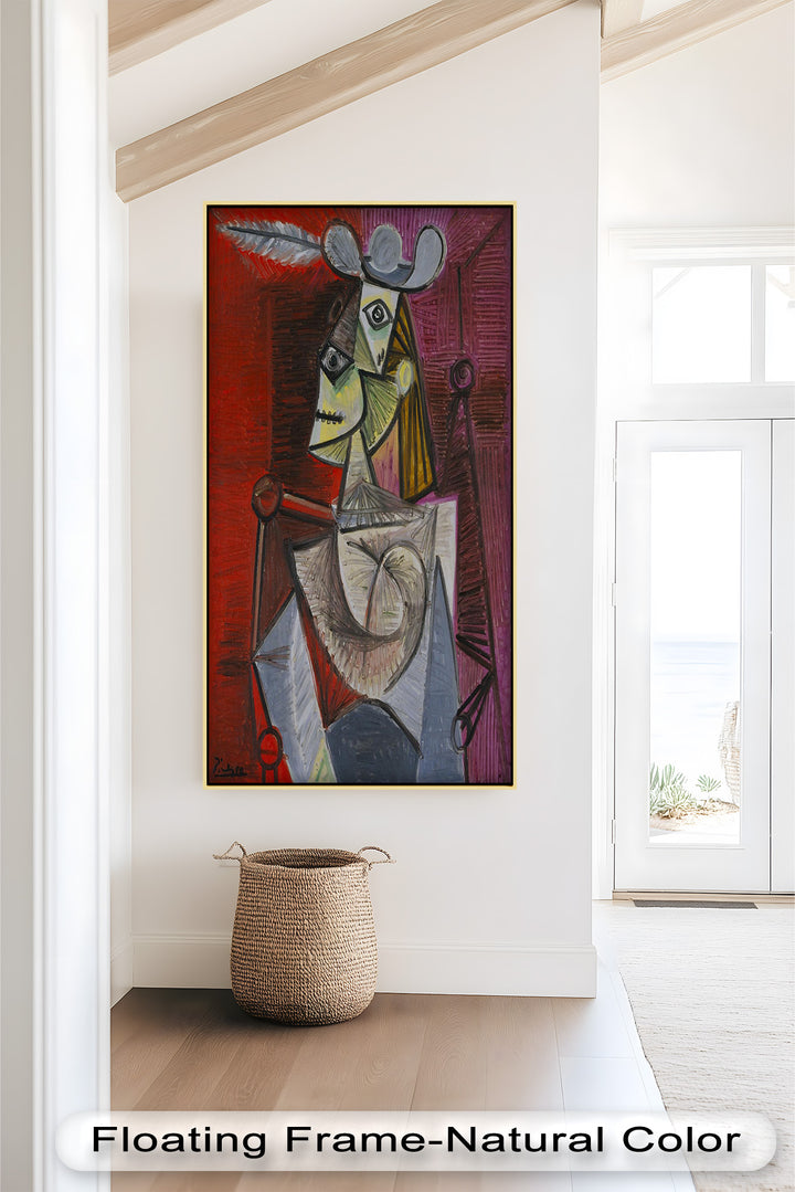 Bold in Crimson – Woman with Feather Hat Abstract Oil Painting