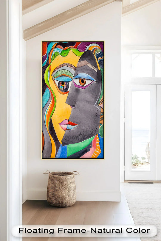 Negative space defines the two halves of a striking modern oil painting art piece, Dual Reflections, portraying colorful abstract faces.