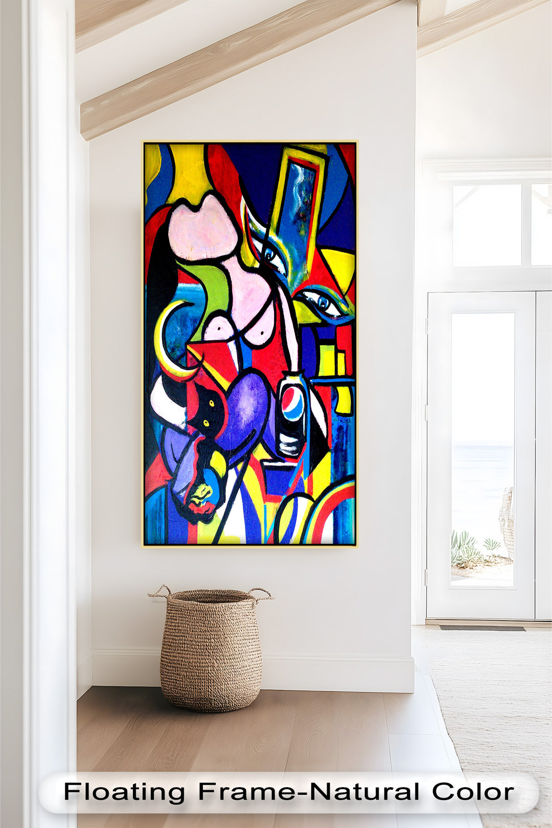 A vibrant pop-art cubist painting featuring a stylized female figure, bold colors, expressive eyes, and a Pepsi can.