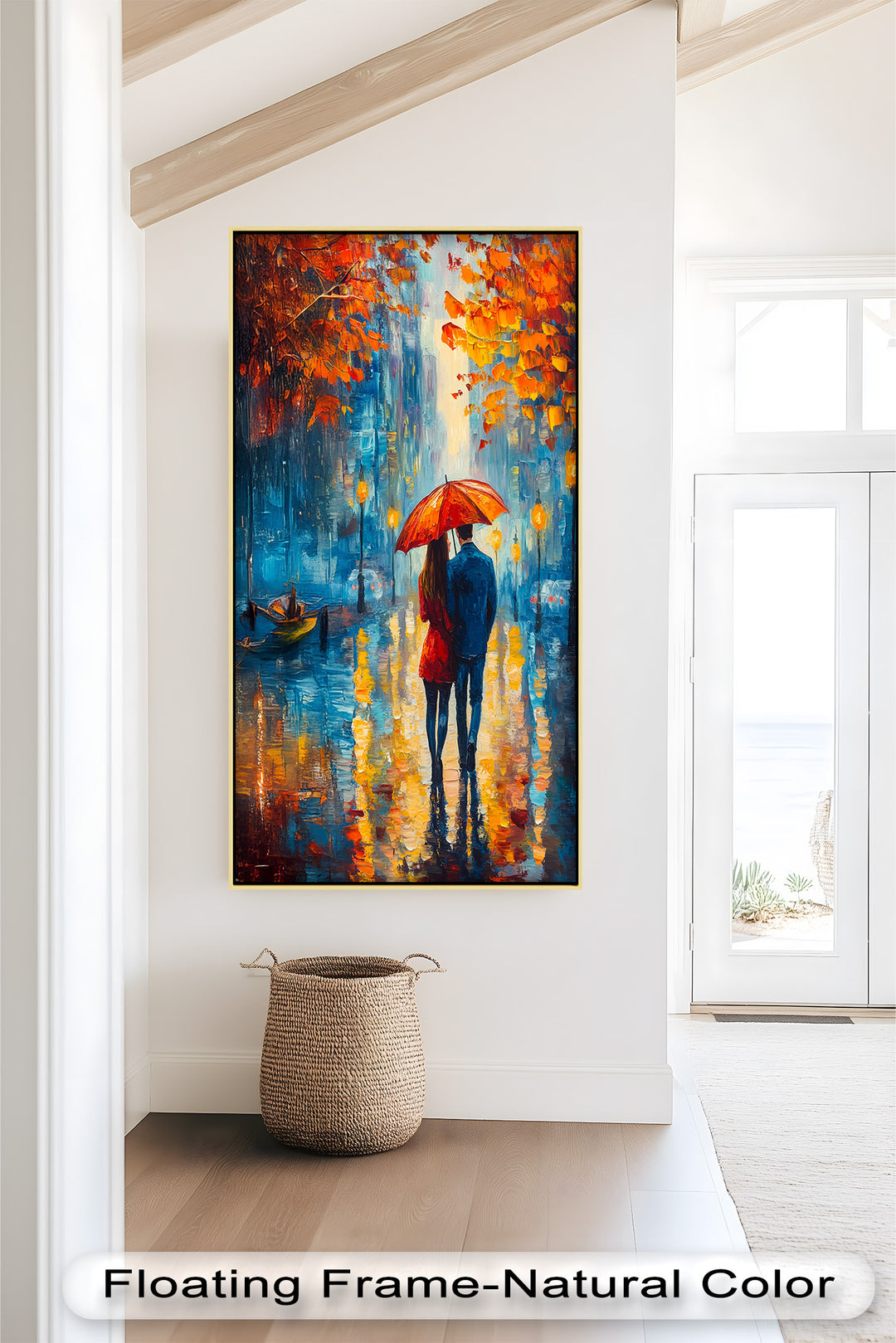 Romantic Couple Strolling Under Red Umbrella - Love Oil Painting