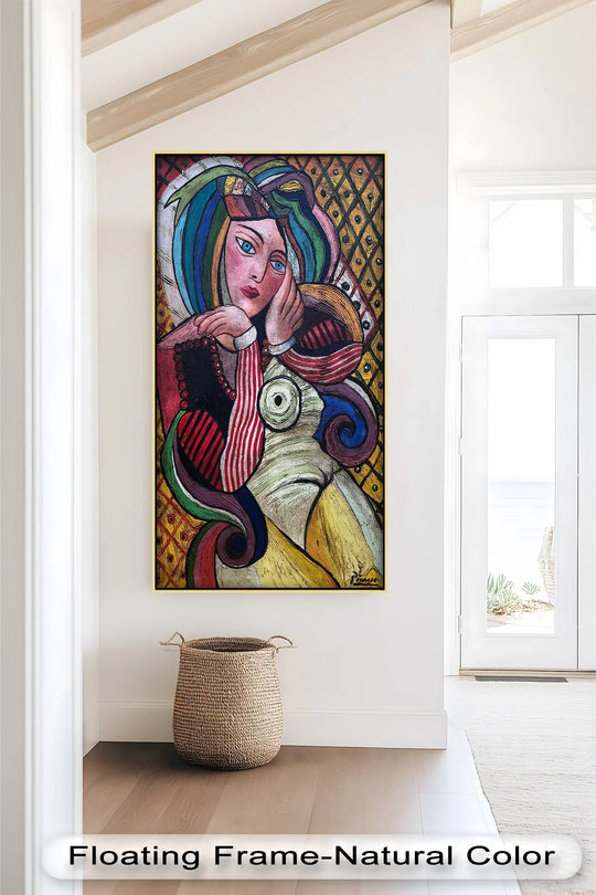 The colorful female muse is the captivating central subject in this vibrant portrait, showcasing the essence of oil painting home decor in a bold Picasso style.