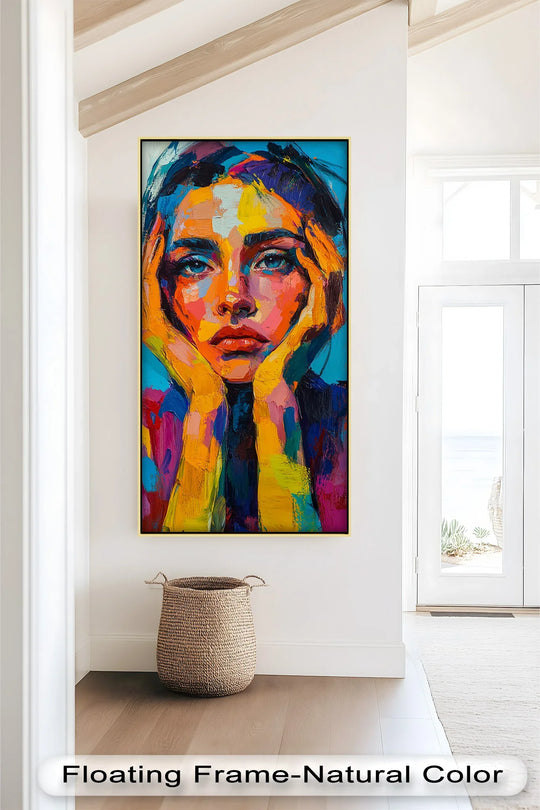 Vertical rectangular oil painting reproduction print showcases a vividly colorful abstract portrait of a woman with her face framed by her hands.