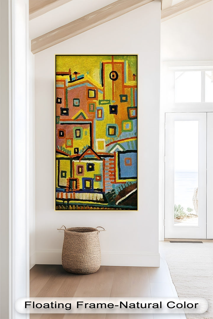 Farbenfrohe geometrische Stadtlandschaft als Wandkunst – kubistisches Ölgemälde
