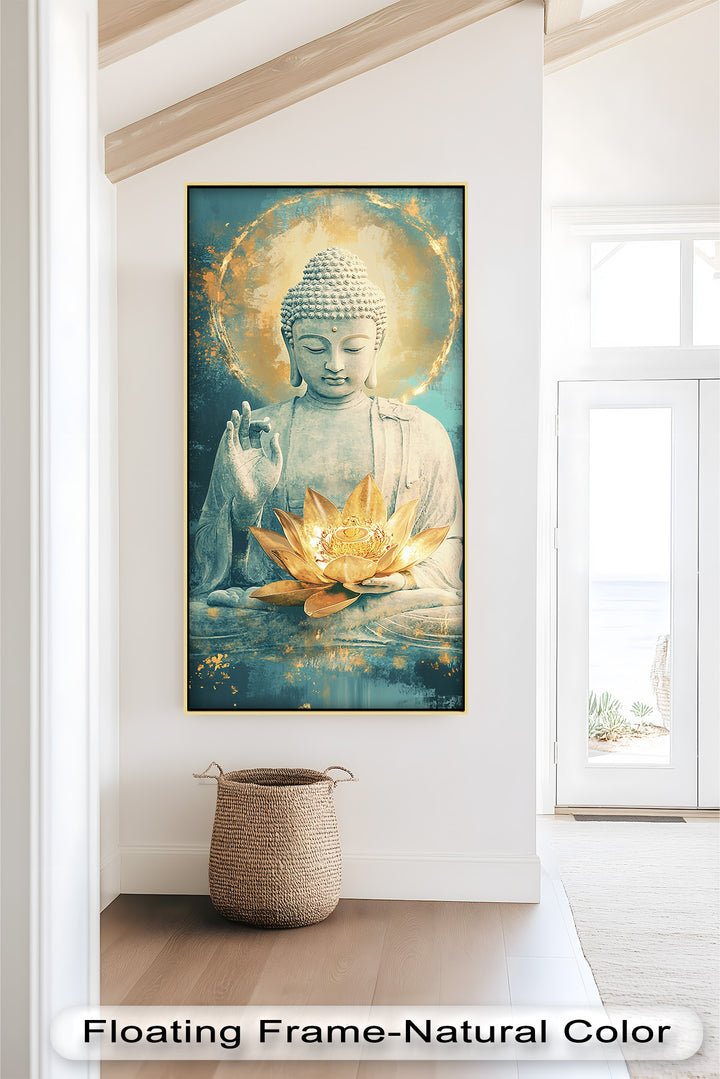 A symbolic representation of Buddha holding a golden lotus flower, radiating calm energy and spiritual peace.