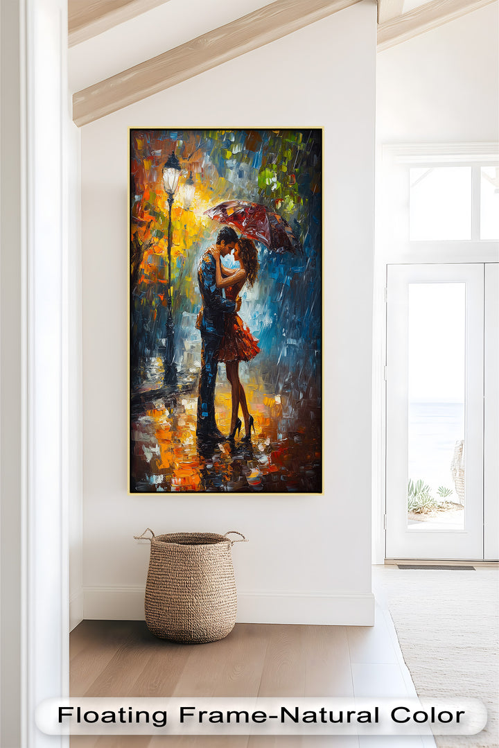 Embrace in Autumn Rain – Passionate Love Oil Painting