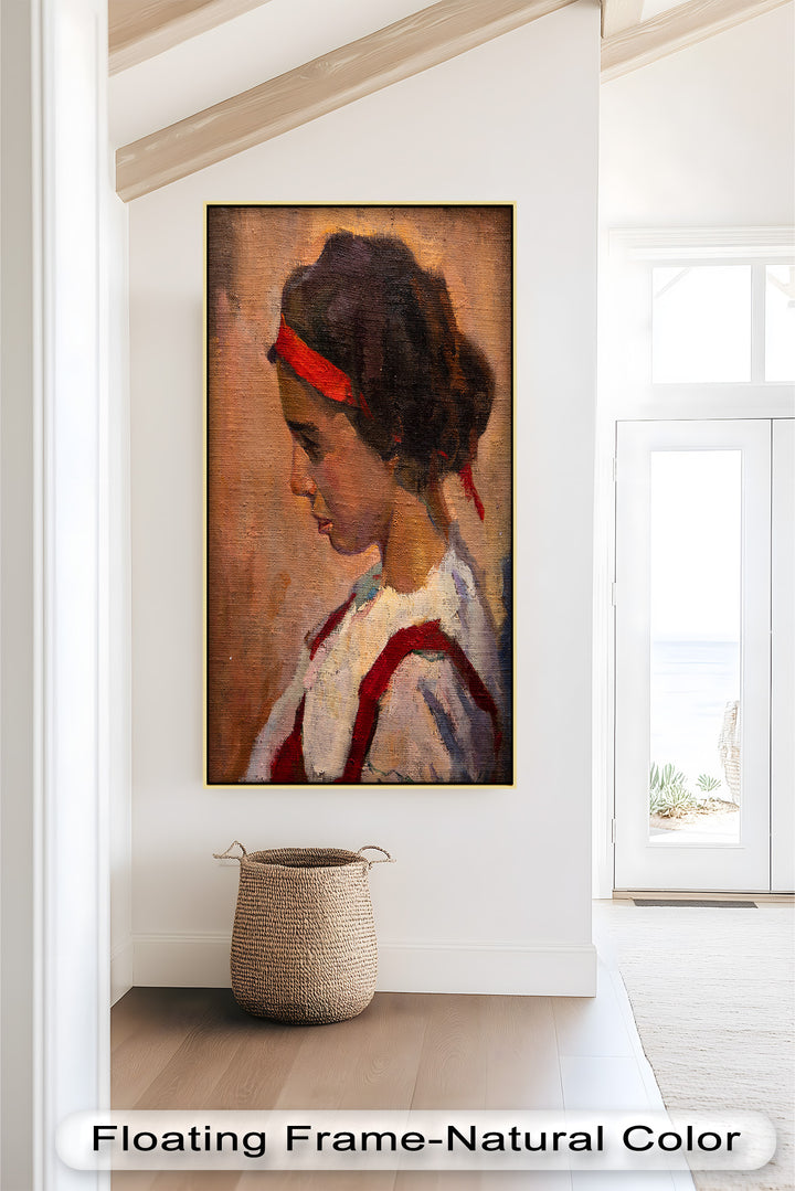 Crimson Reverie – Side Portrait of a Girl in Red Headband Oil Painting