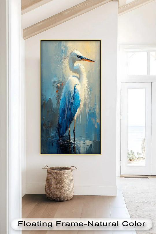 Dominating the negative space, the oil painting art prints showcase a modern blue heron with textured details, creating a visually striking composition.