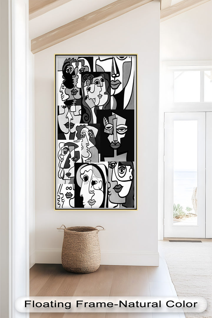 Monochrome Whispers – Collage of Cubist Faces Abstract Oil Painting