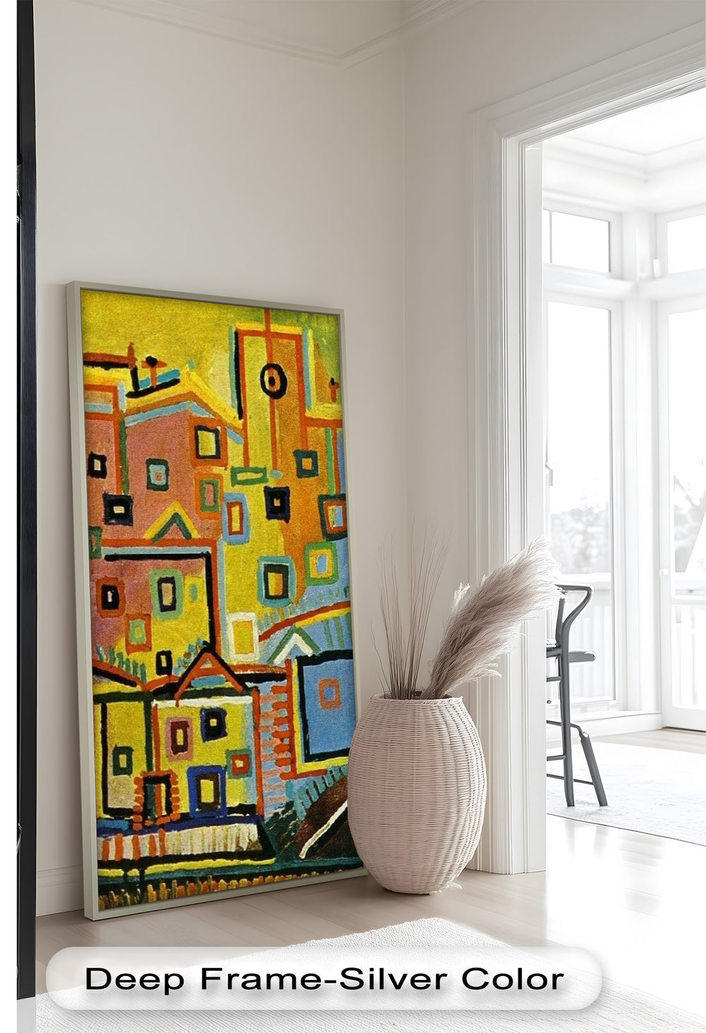 An abstract interpretation of a town, filled with lively blocks of red, yellow, blue, and green in a mosaic-like pattern.