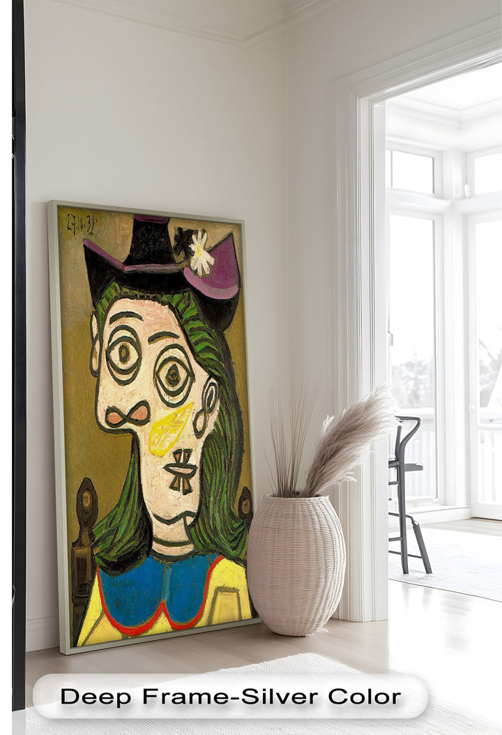 Whimsical Gaze – Abstraktes Porträt mit grünem Haar, kubistisches Ölgemälde