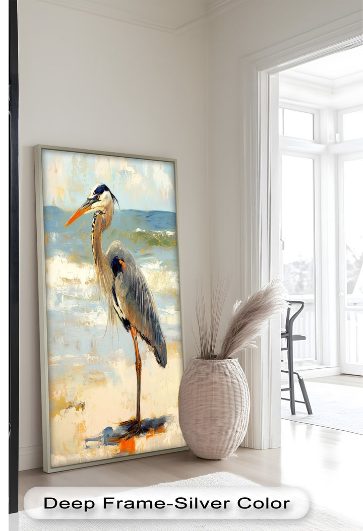Coastal Heron with Ocean Breeze - Modern Oil Painting