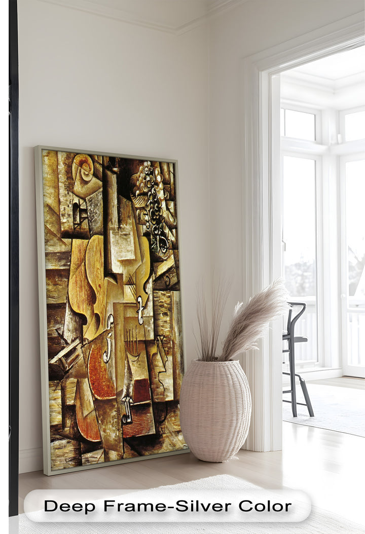A richly textured cubist artwork showcasing a violin and fruit in muted browns and ochres, evoking musical harmony and depth.