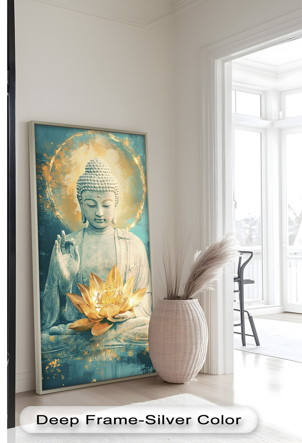 A tranquil and spiritual depiction of Buddha in lotus position, holding a radiant golden lotus symbolizing enlightenment.